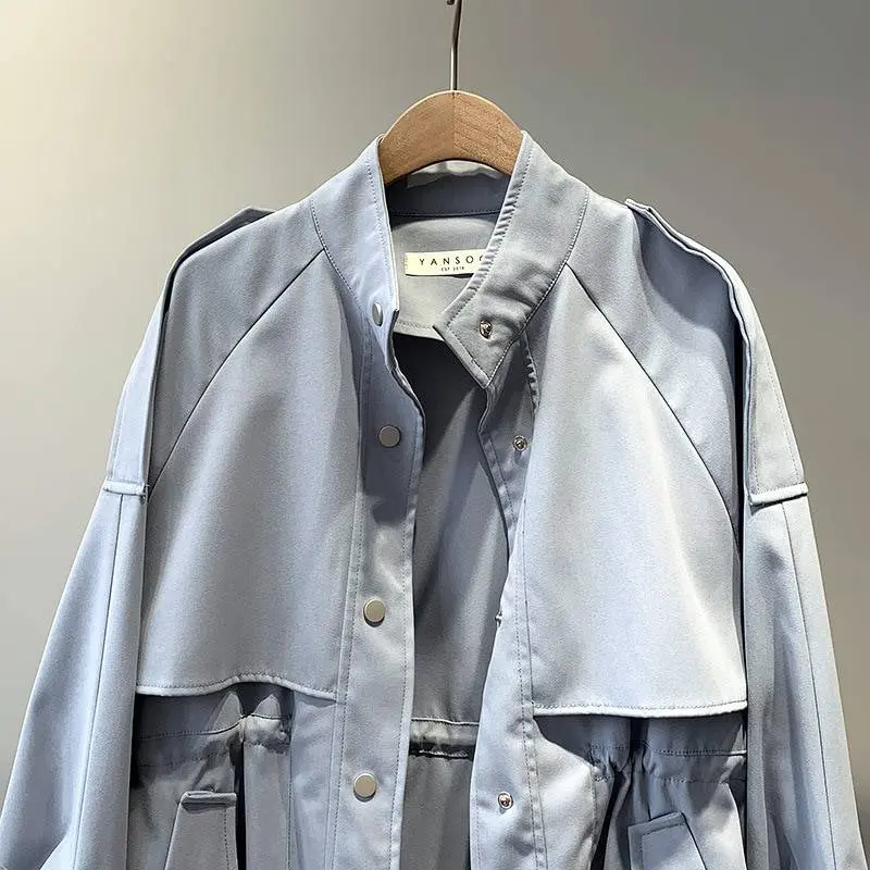 Loose Windbreaker Drawstring Stand Collar Short Trench Coat in Coats & Jackets