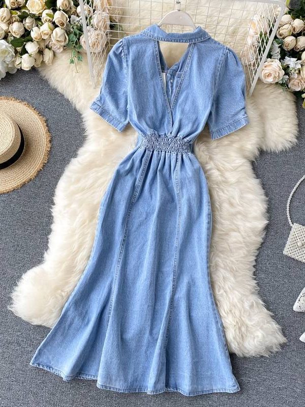 Vintage Backless Single Breasted Short Sleeve Denim Dress in Dresses