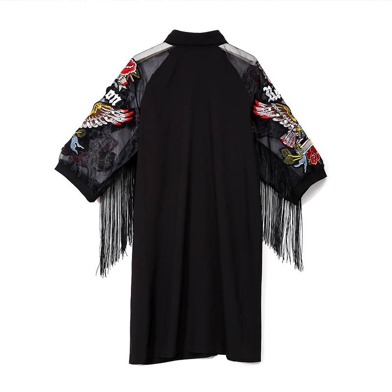 Black 3/4 Mesh Sleeves With Eagle Embroidery Fringes Midi Straight Dress in Dresses