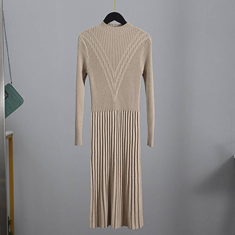 Rib Turtleneck A Line Pleated Office Sweater Dress in Dresses