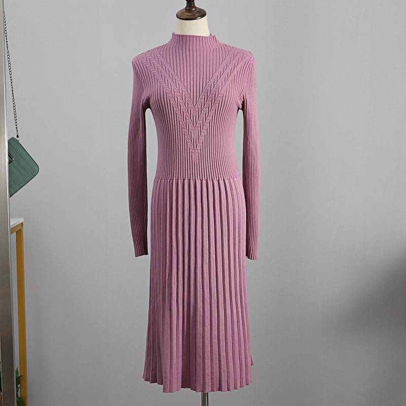 Rib Turtleneck A Line Pleated Office Sweater Dress in Dresses