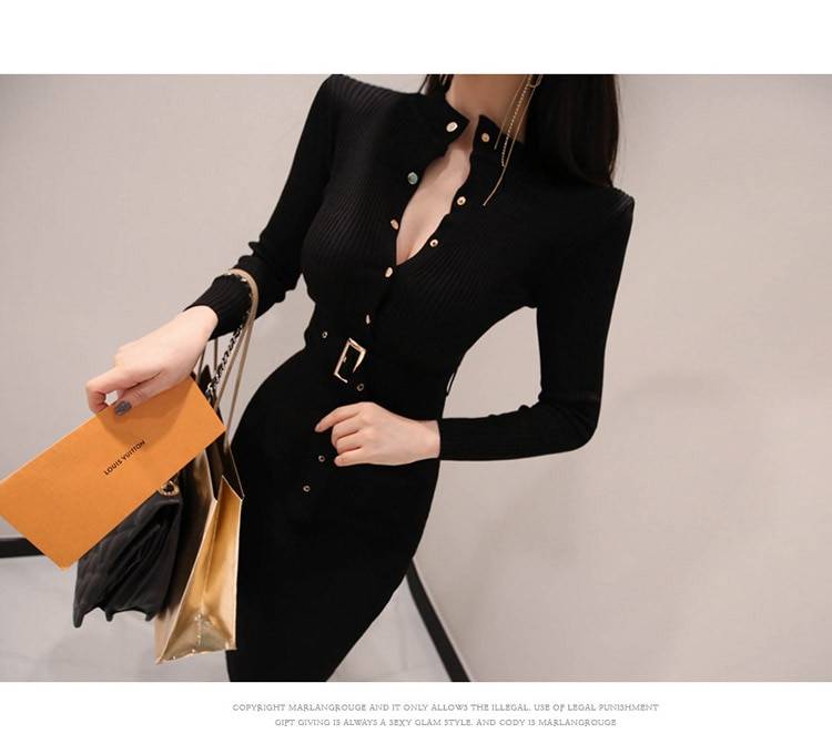 Long Sleeve Warm Sweater Knitted Dress With Belt in Dresses