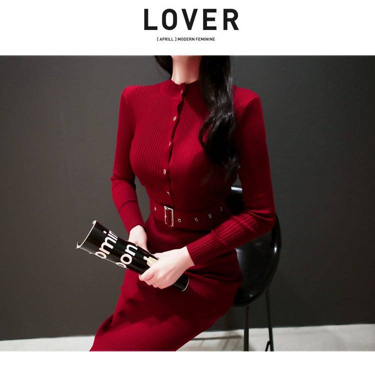 Long Sleeve Warm Sweater Knitted Dress With Belt in Dresses