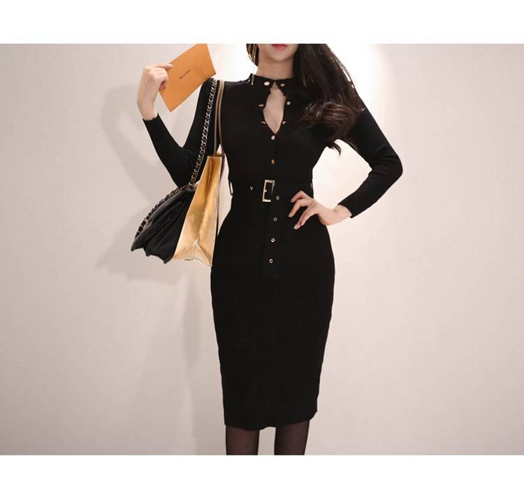 Long Sleeve Warm Sweater Knitted Dress With Belt | Uniqistic.com