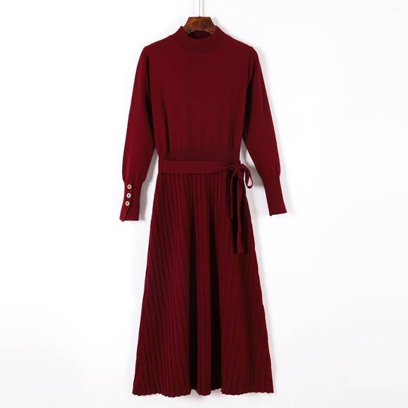 Turtleneck Sashes A Line Long Knitted Pullover Sweater Dress in Dresses