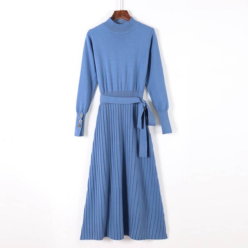 Turtleneck Sashes A Line Long Knitted Pullover Sweater Dress in Dresses