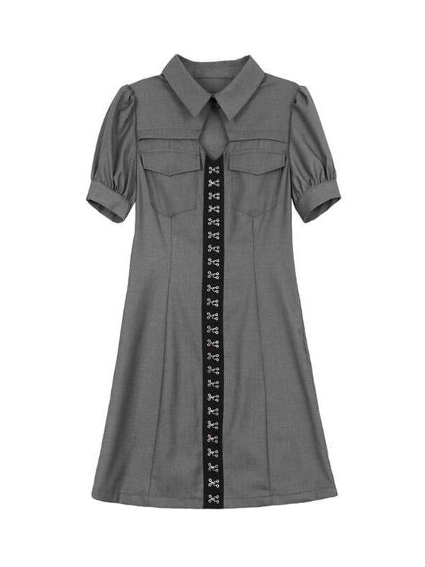 Gray black turn down collar short sleeve mini dress