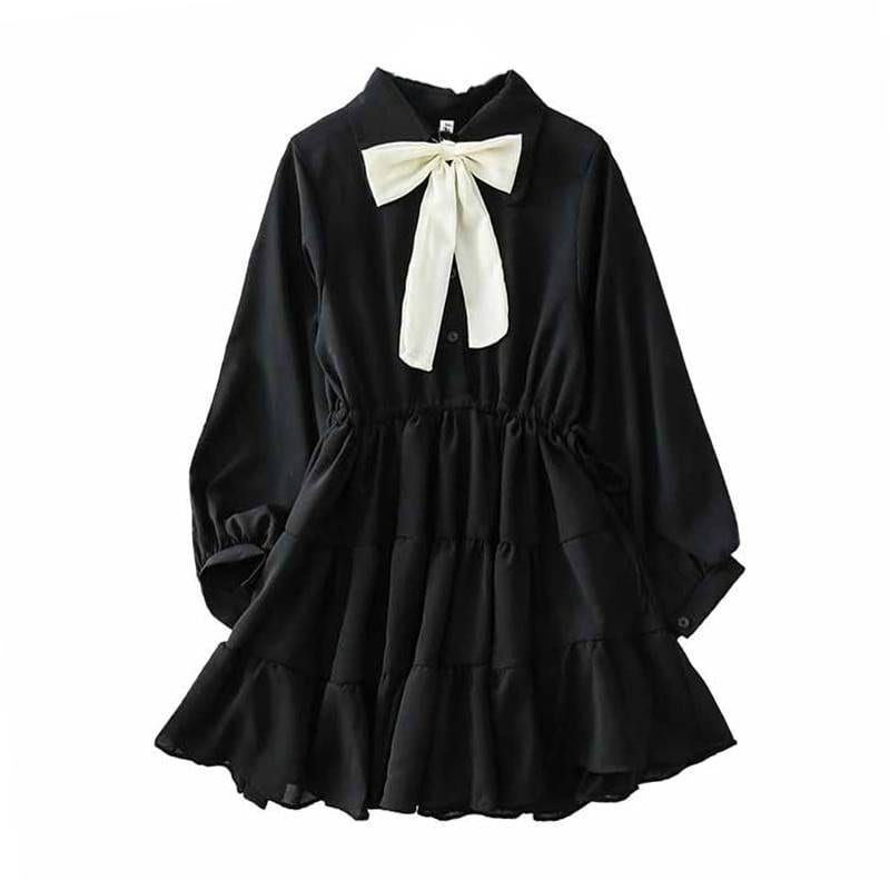 Bow turn down collar black white long sleeve mini dress