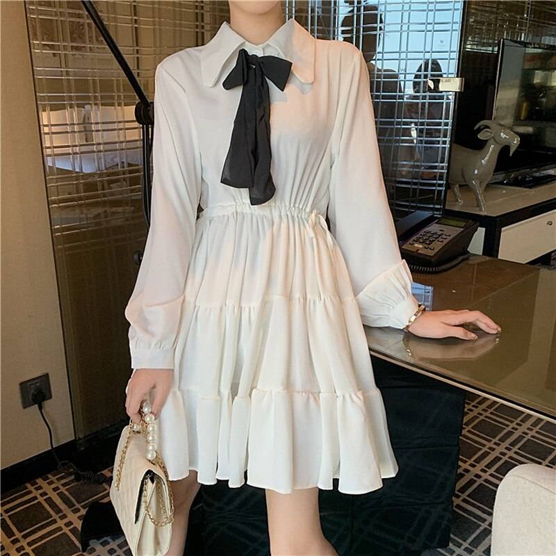 Bow Turn Down Collar Black White Long Sleeve Mini Dress | Uniqistic.com