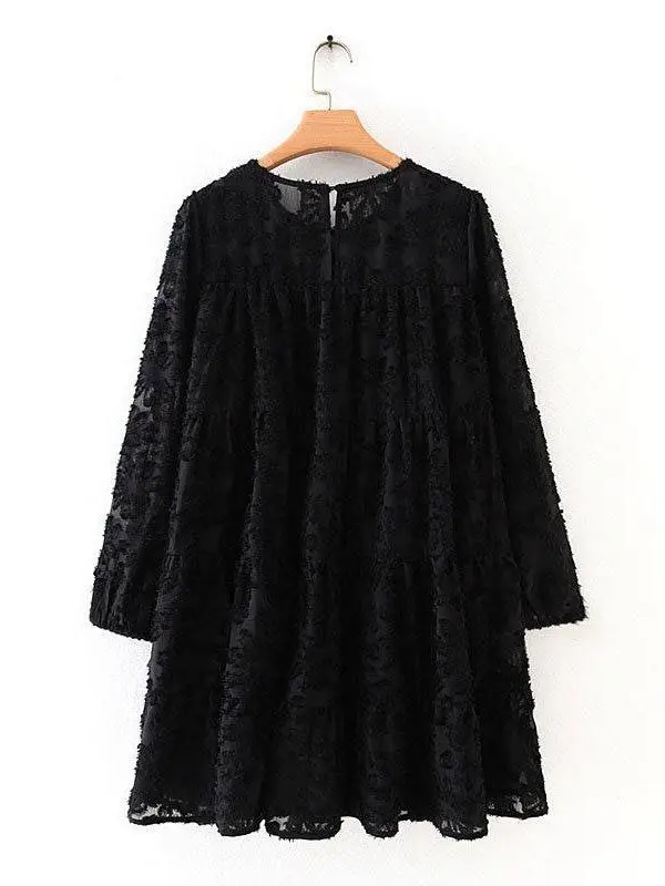 Black texture pattern loose lantern sleeve ruffle mini dress