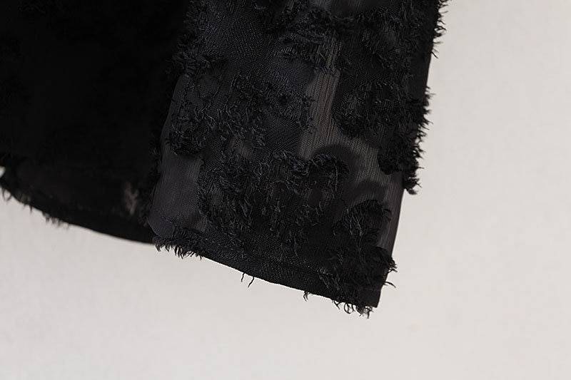 Black Texture Pattern Loose Lantern Sleeve Ruffle Mini Dress in Dresses