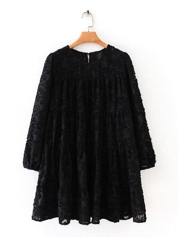 Black Texture Pattern Loose Lantern Sleeve Ruffle Mini Dress in Dresses