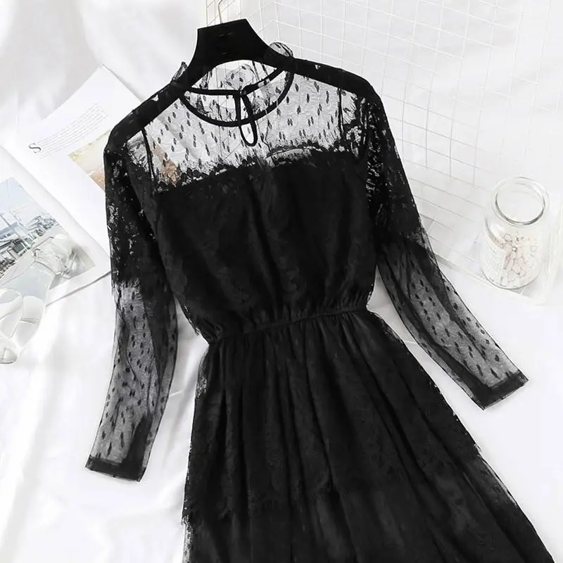 Black white elegant lotus leaf collar elastic waist midi mesh lace dress