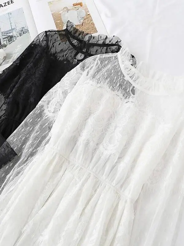 Black white elegant lotus leaf collar elastic waist midi mesh lace dress
