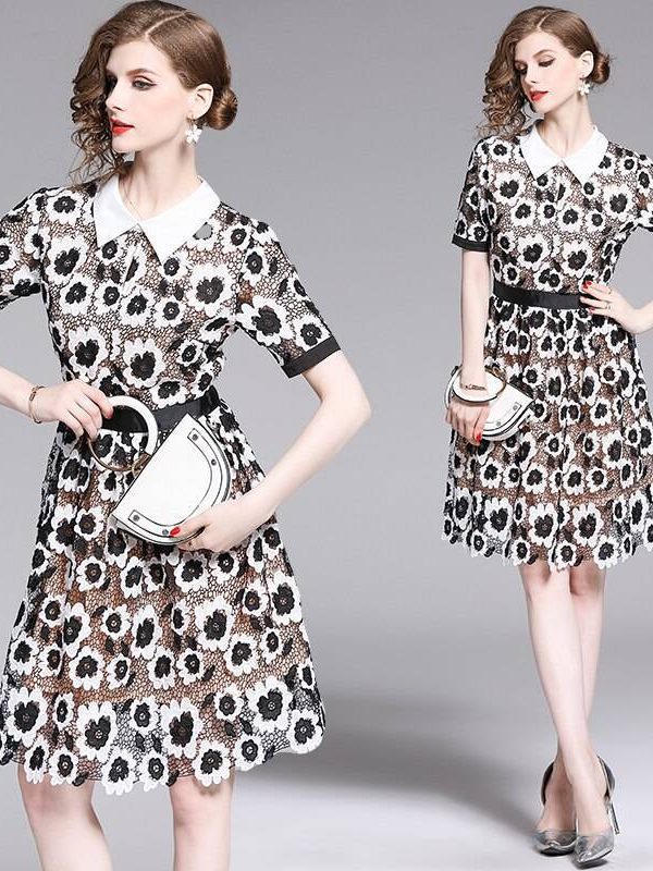 Elegant turn down collar black white floral lace embroidery dress