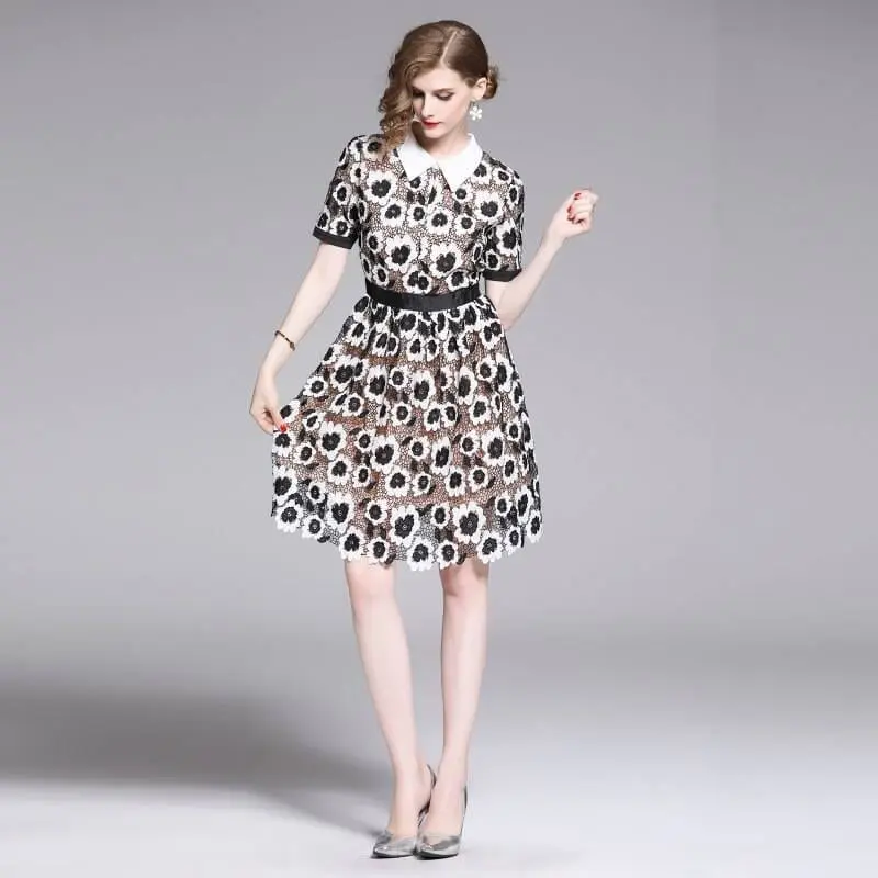 Elegant turn down collar black white floral lace embroidery dress