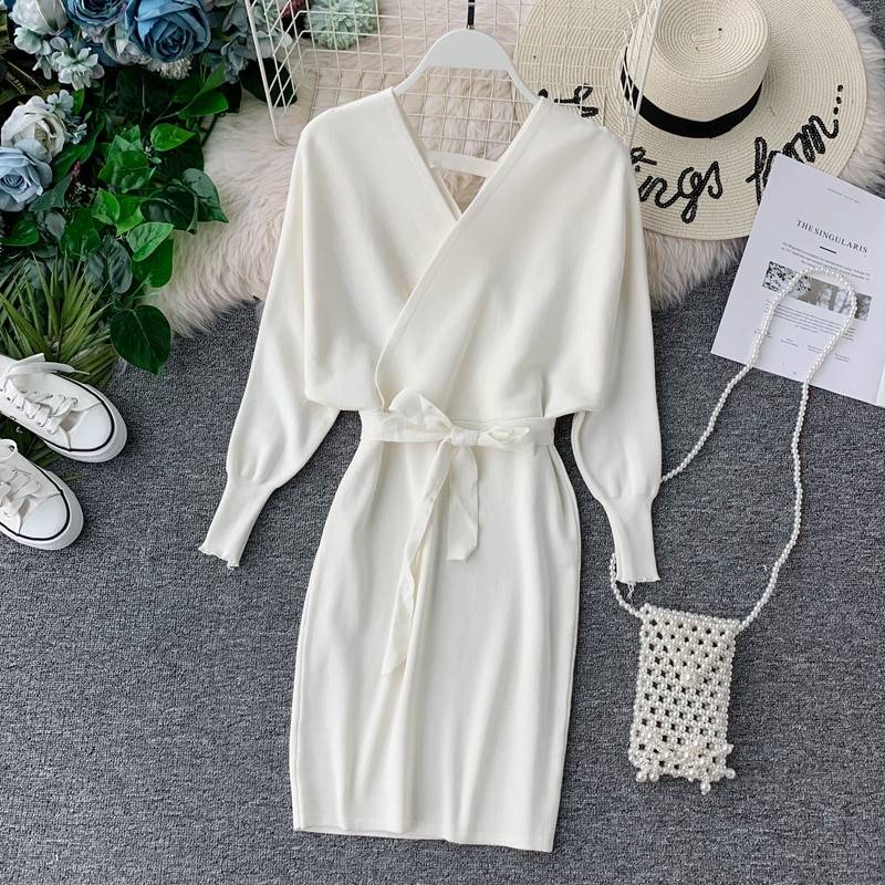 Elegant Batwing Sleeve V Neck Knitted White Office Dress in Dresses