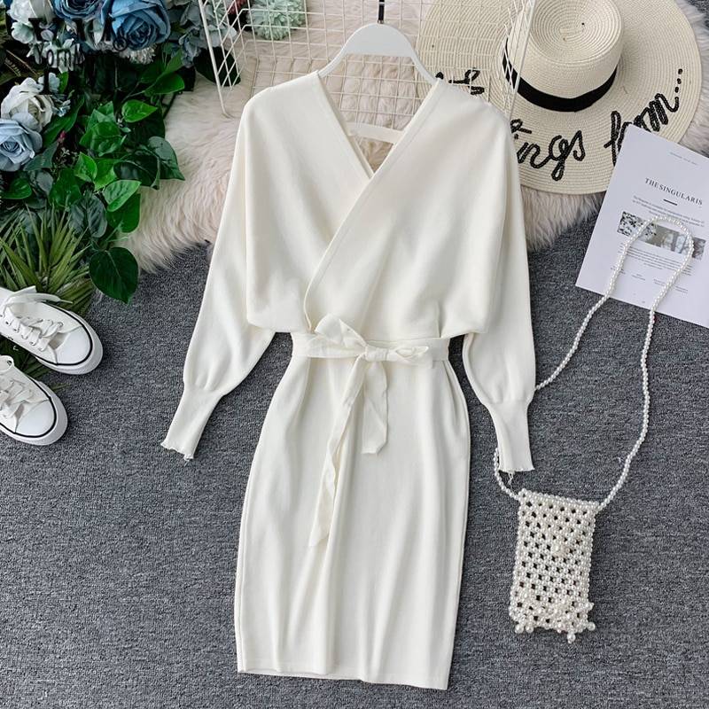 Elegant batwing sleeve v neck knitted white office dress
