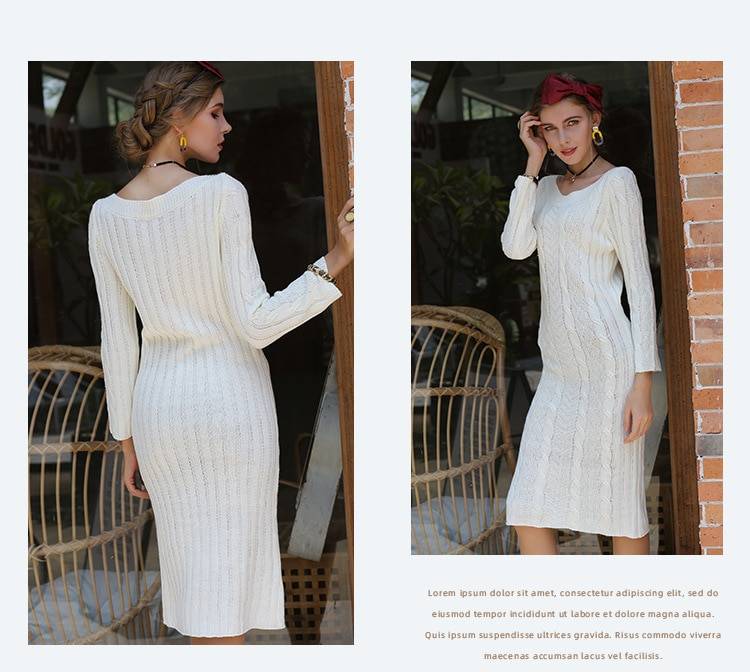 White Black Long Sleeve Knitted Sweater Bodycon Pencil Midi Dress in Dresses