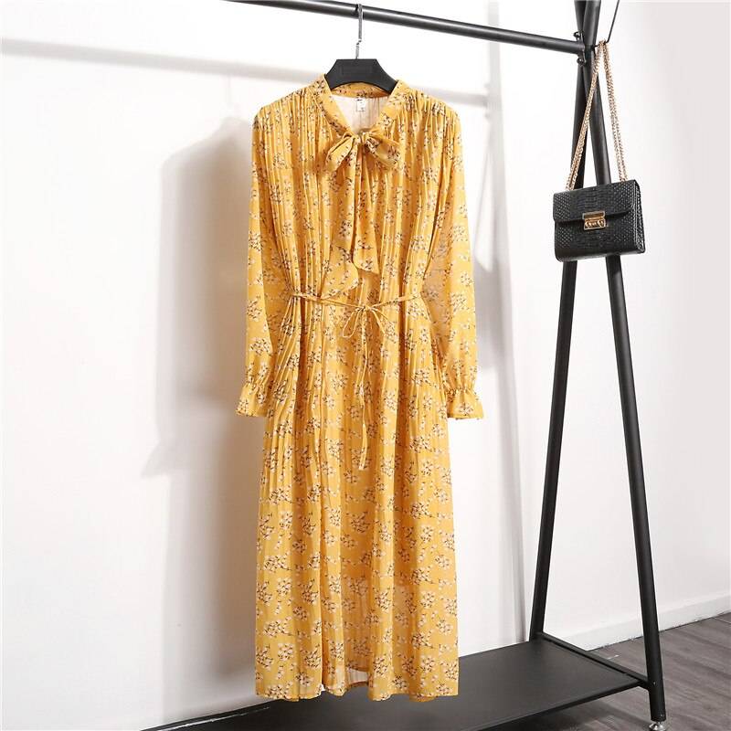 Flare sleeve lace up bow neck floral print pleated chiffon dress