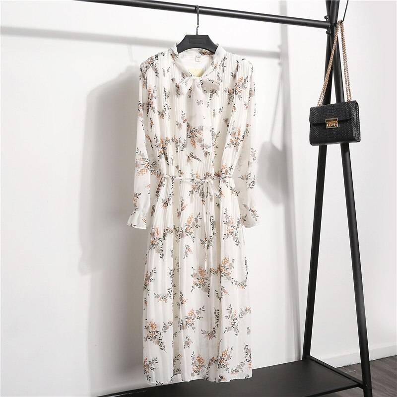 Flare Sleeve Lace Up Bow Neck Floral Print Pleated Chiffon Dress ...