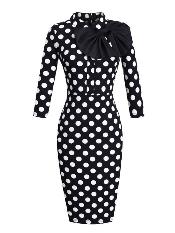Vintage elegant floral black bow work office bodycon sheath dress