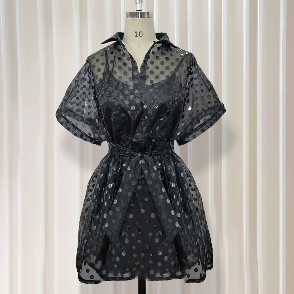 Black Polka Dot See Through Two Piece Dress in Dresses
