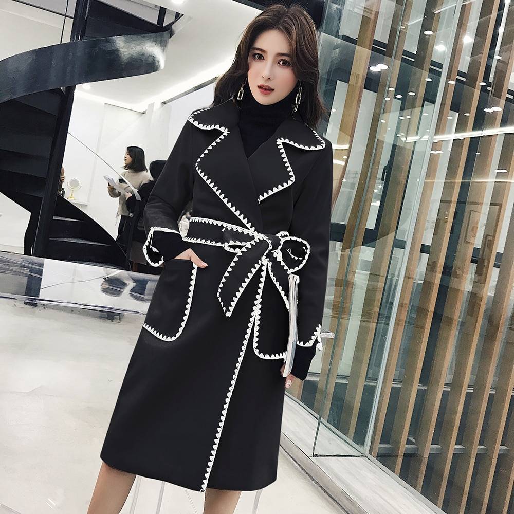 Wavy Side Embroidery Notched Long Sleeve Thick Pocket Sashes Long ...