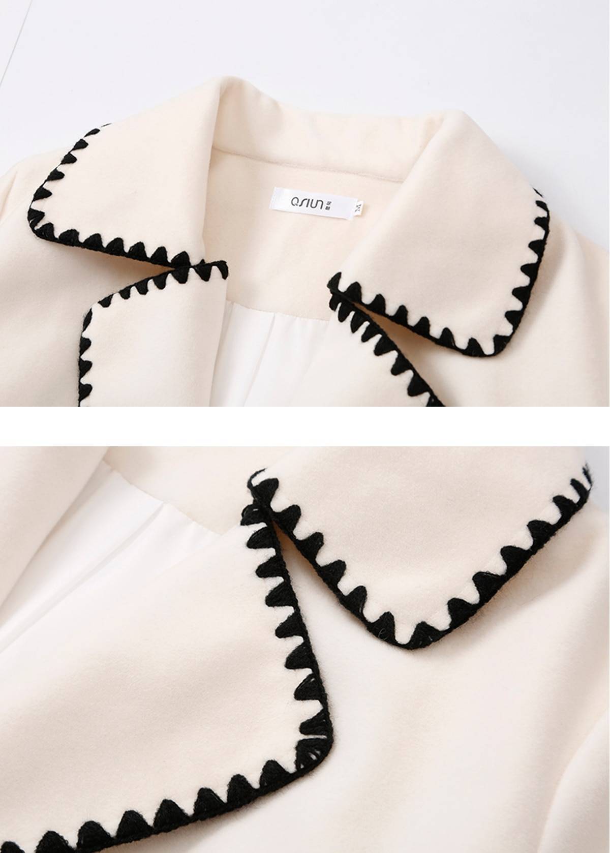 Wavy Side Embroidery Notched Long Sleeve Thick Pocket Sashes Long Jacket Coat in Coats & Jackets