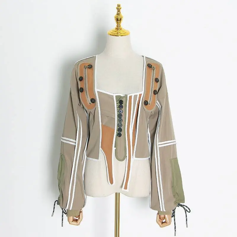 Patchwork irregular square collar lantern long sleeve lace up jacket coat