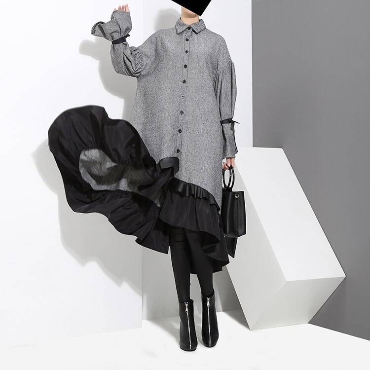 Elegant Patchwork Thick Warm Ruffled Long Sleeve Midi Gray Shirt Dress in Dresses