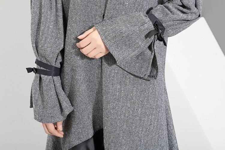 Elegant Patchwork Thick Warm Ruffled Long Sleeve Midi Gray Shirt Dress in Dresses