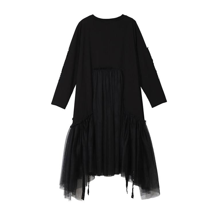 Black Long Sleeve Loose Mesh Midi Dress in Dresses