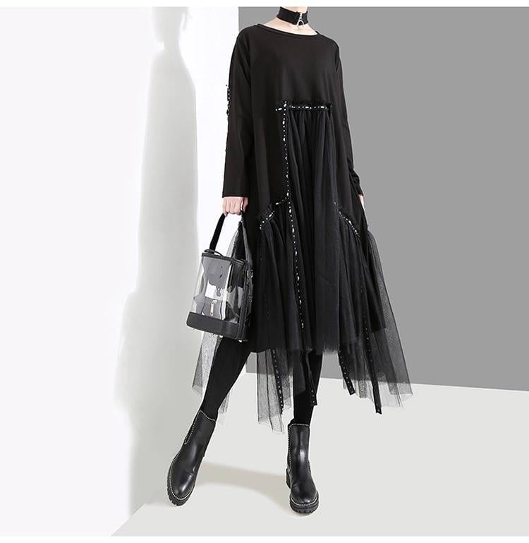 Black Long Sleeve Loose Mesh Midi Dress in Dresses
