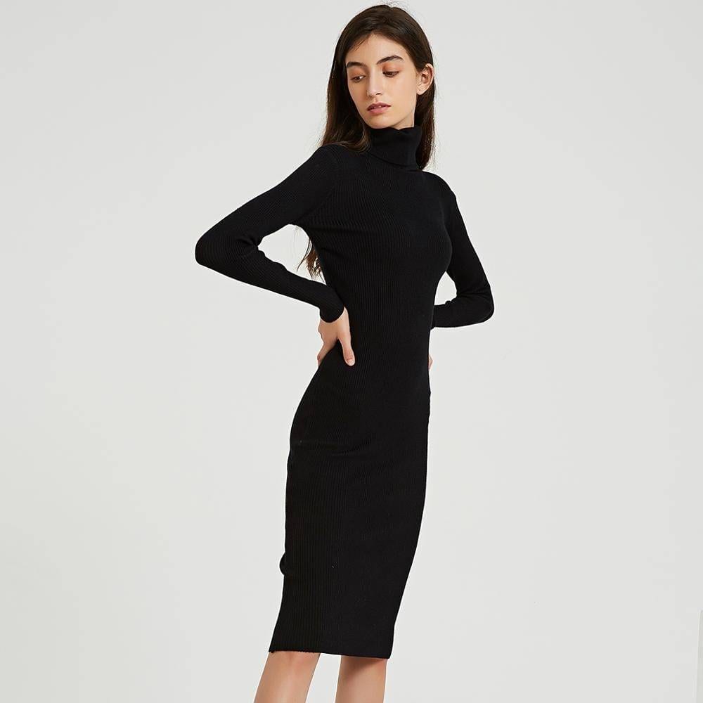 Turtleneck Knee-Length Long Sleeve Knit Sweater Midi Dress in Dresses