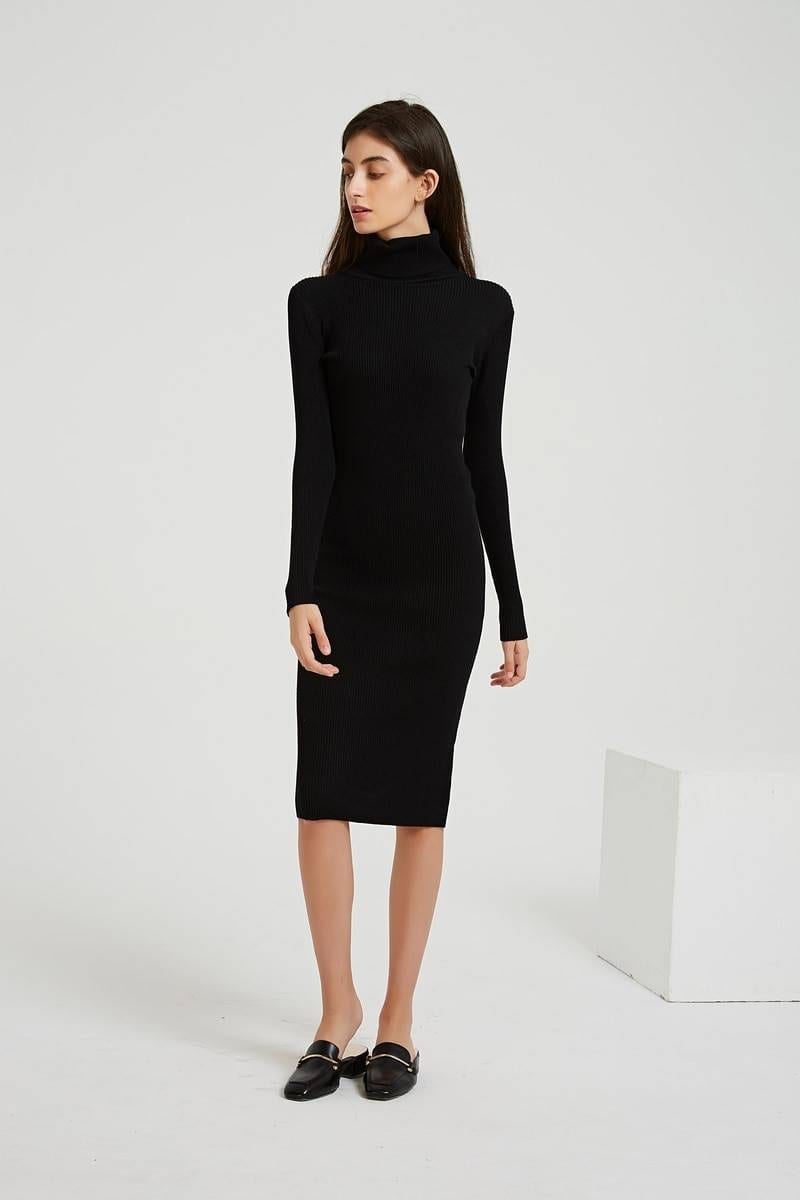 Turtleneck Knee-Length Long Sleeve Knit Sweater Midi Dress in Dresses