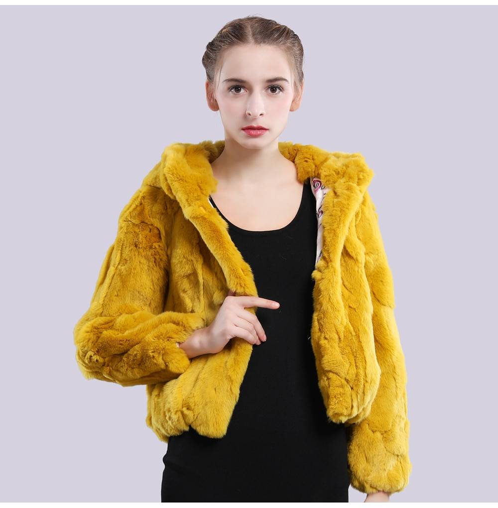 Natural Rex Rabbit Fur Hooded Overcoat in Coats & Jackets