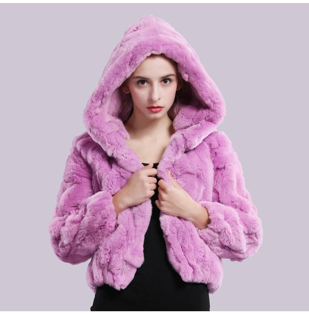 Natural Rex Rabbit Fur Hooded Overcoat in Coats & Jackets