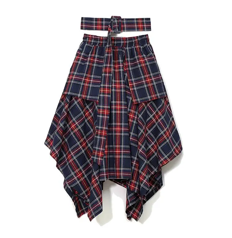 Red plaid sashes printed high waist belted unique irregular skirt