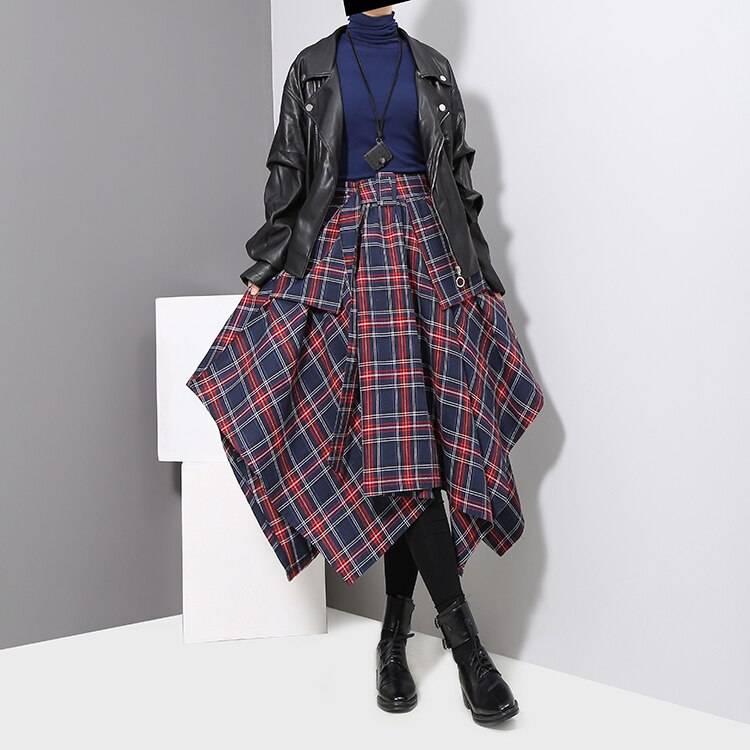 Red plaid sashes printed high waist belted unique irregular skirt