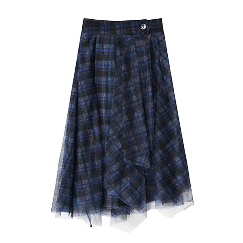 Plaid patchwork mesh high waist a line skirt