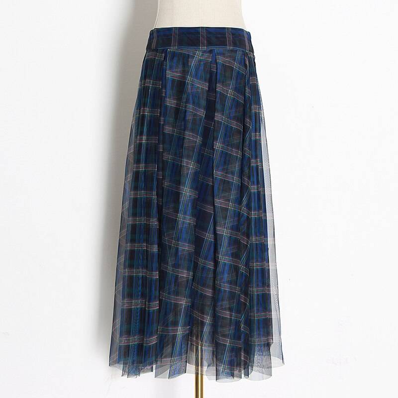Plaid patchwork mesh high waist a line skirt