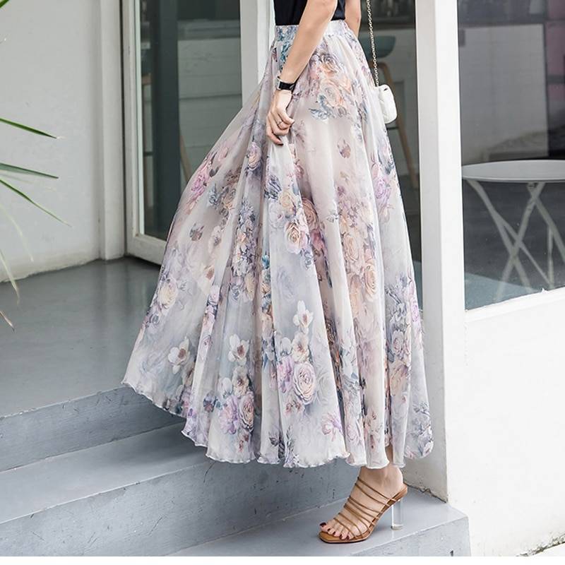Elegant elastic waist chiffon floral beach boho skirt