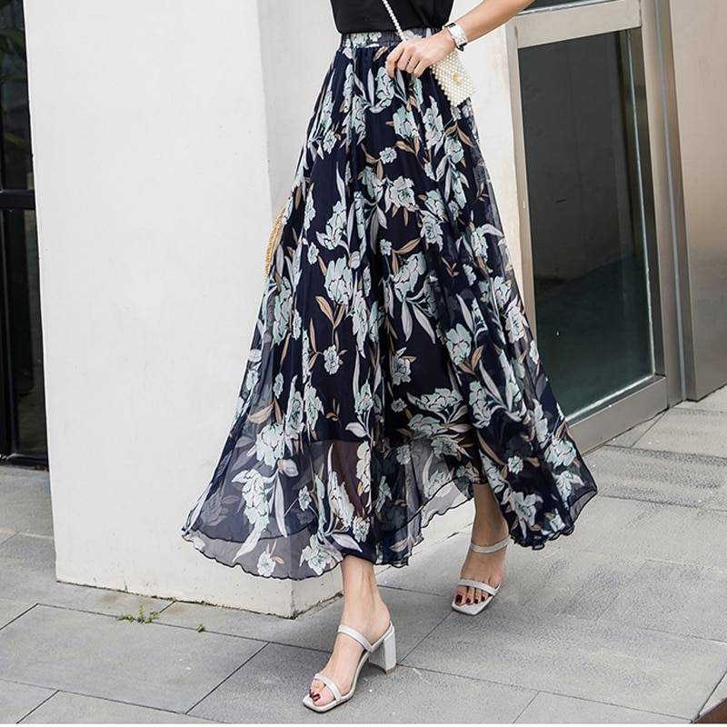 Elegant elastic waist chiffon floral beach boho skirt