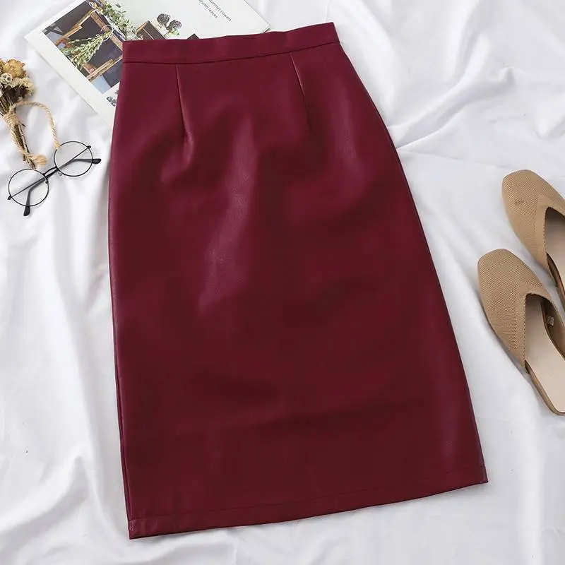 Elegant High Waist Straight Split Midi PU Skirt in Skirts