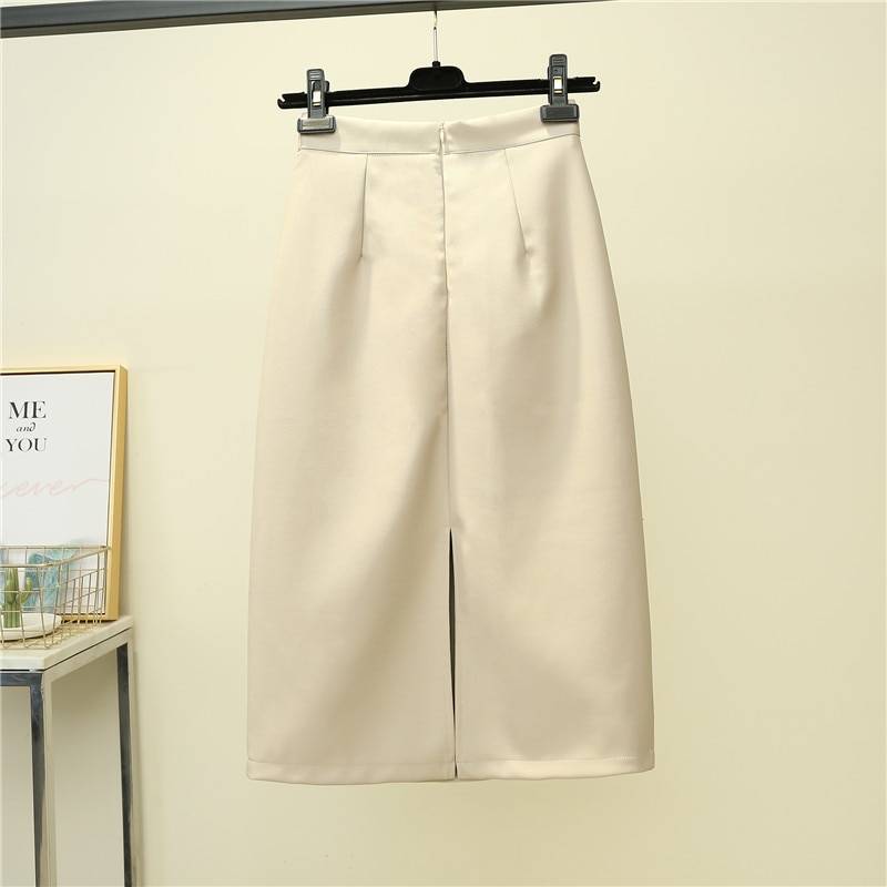Elegant High Waist Straight Split Midi PU Skirt in Skirts