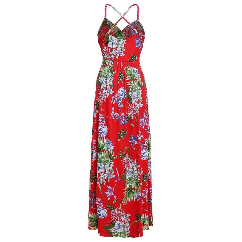 Elegant Cross Back V Neck Tropical Jungle Leaf Boho Long Dress in Dresses