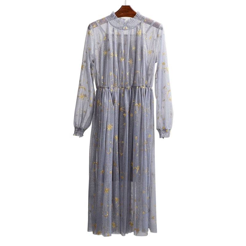 Elegant gray beige navy star moon embroidery mesh long sleeve stand collar midi loose dress