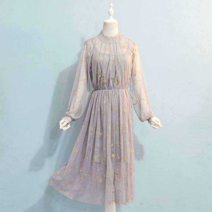 Elegant gray beige navy star moon embroidery mesh long sleeve stand collar midi loose dress