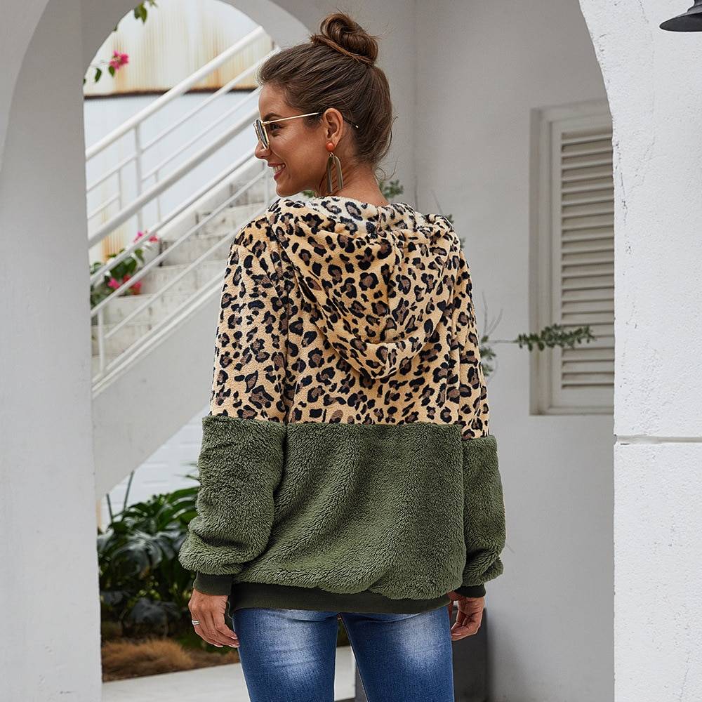 Hooded leopard zipper long sleeve sweatshirt